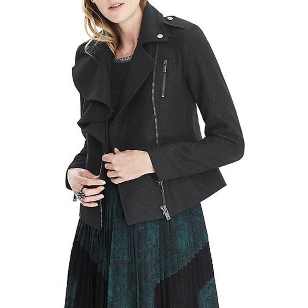Banana Republic Womens Black Shimmer Moto Jacket Size 0 Asymmetric Zip 482415-00
